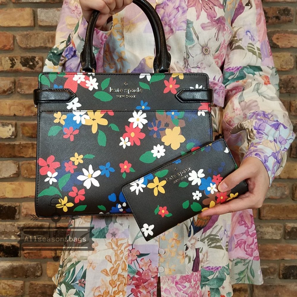 Kate Spade Staci Medium Satchel Floral Wallet SET